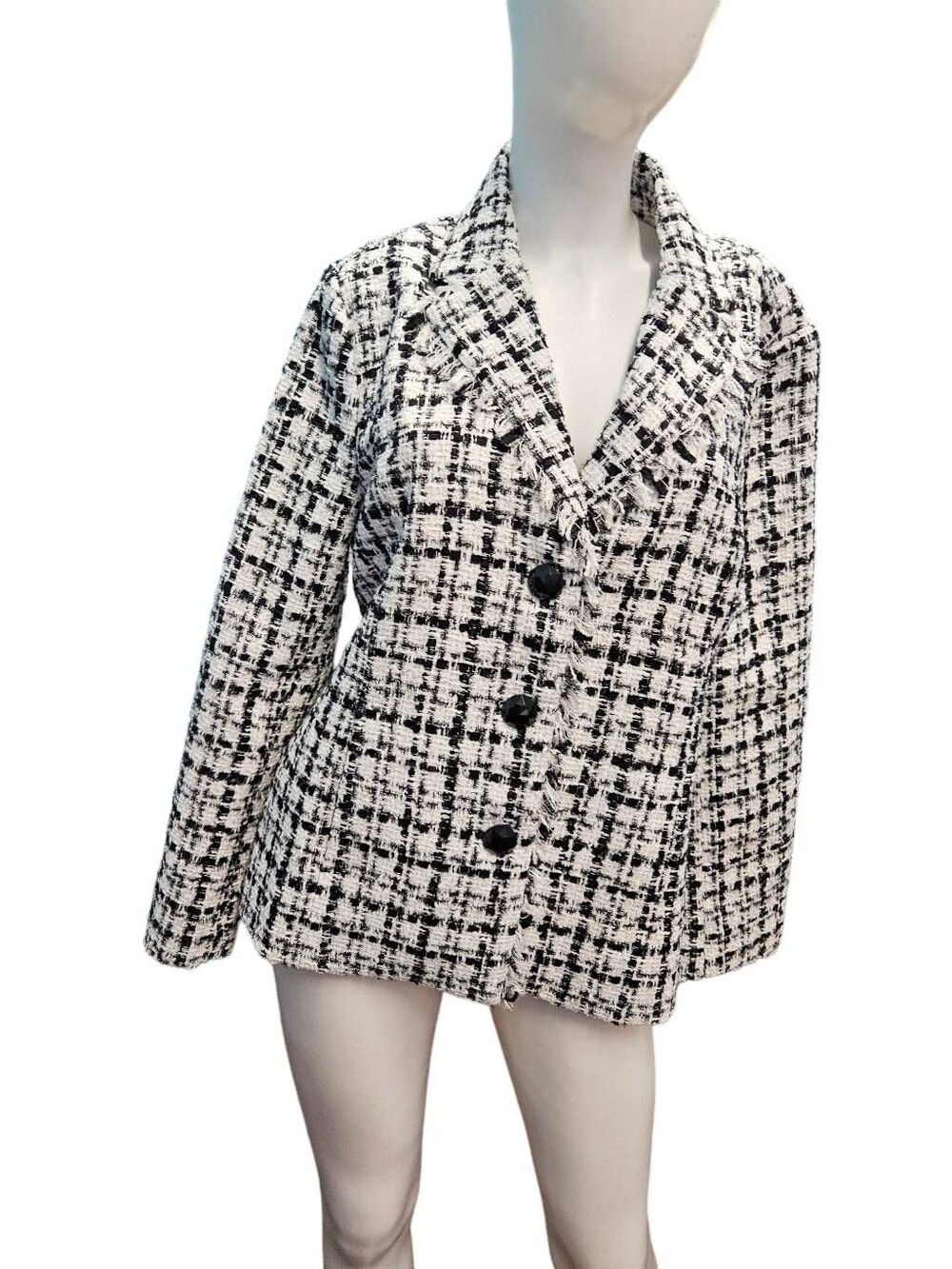 Draper's & Damon's Tweed Fringe Collar Blazer Size Large Womens Black White Jack